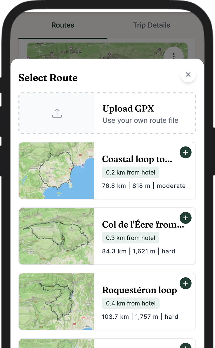 Adding a route from a destination guide to a cycling trip plan