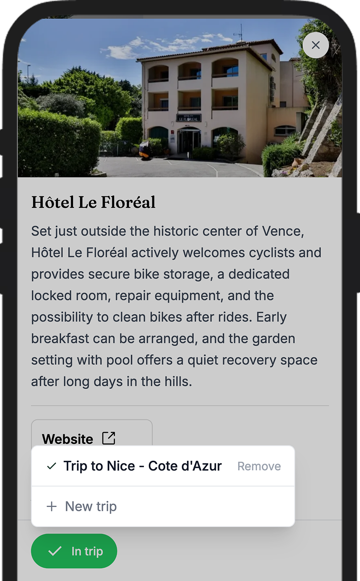 Adding accommodation and bike rental to a cycling trip plan