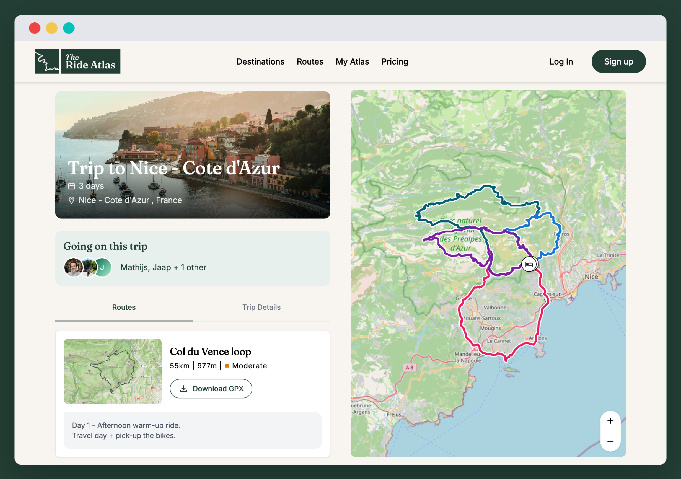 A completed cycling trip plan on The Ride Atlas showing routes, accommodation, and a map of the Dolomites