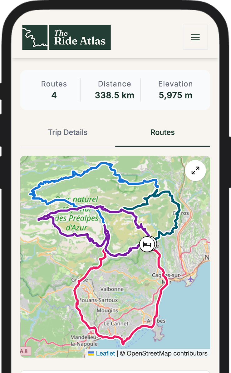 Trip map with multiple route tracks, accommodation and bike rental markers