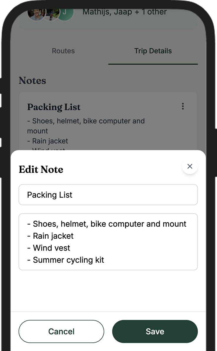 Trip notes section with example notes for friends