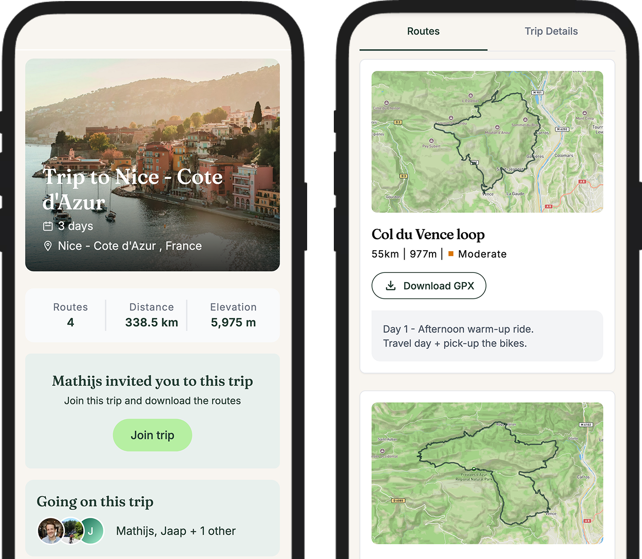 Shared trip view showing the full plan with a Join Trip banner and download buttons